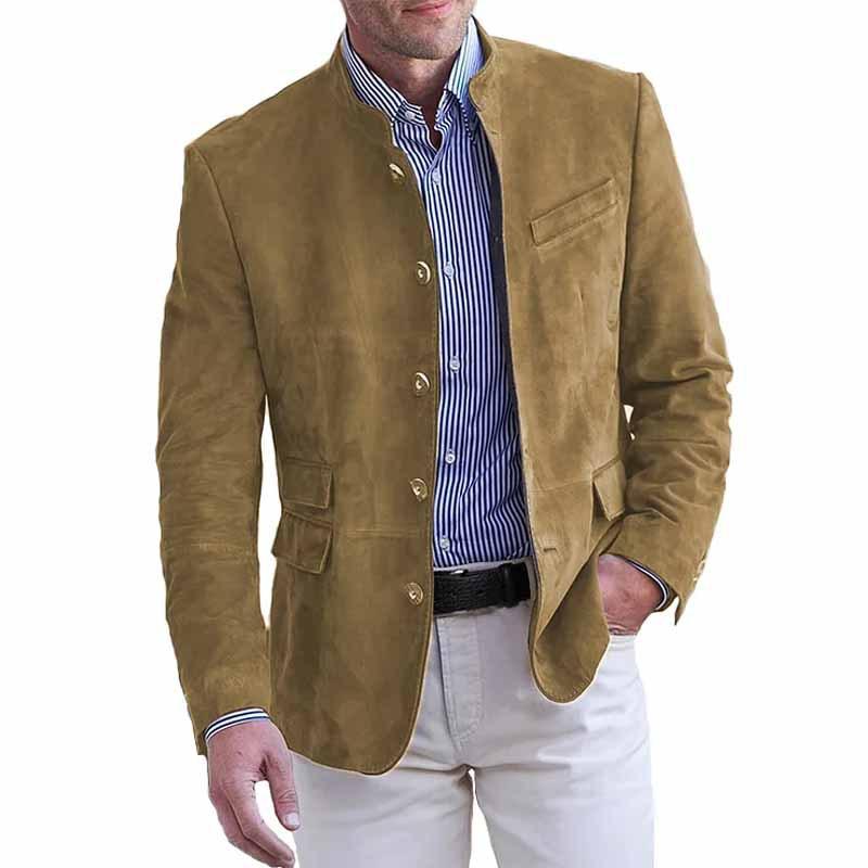 Herren Retro Stehkragen Einreiher Slim Fit Mehrfach-Taschen Blazer