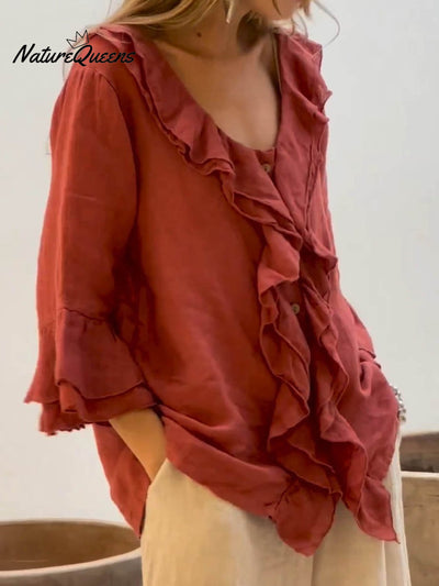Damen Rüschenshirt aus Baumwolle und Leinen mit 3/4-Ärmeln