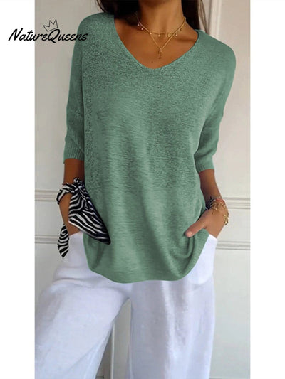 Damen Pullover mit 3/4-Ärmeln in einfarbigem Strick