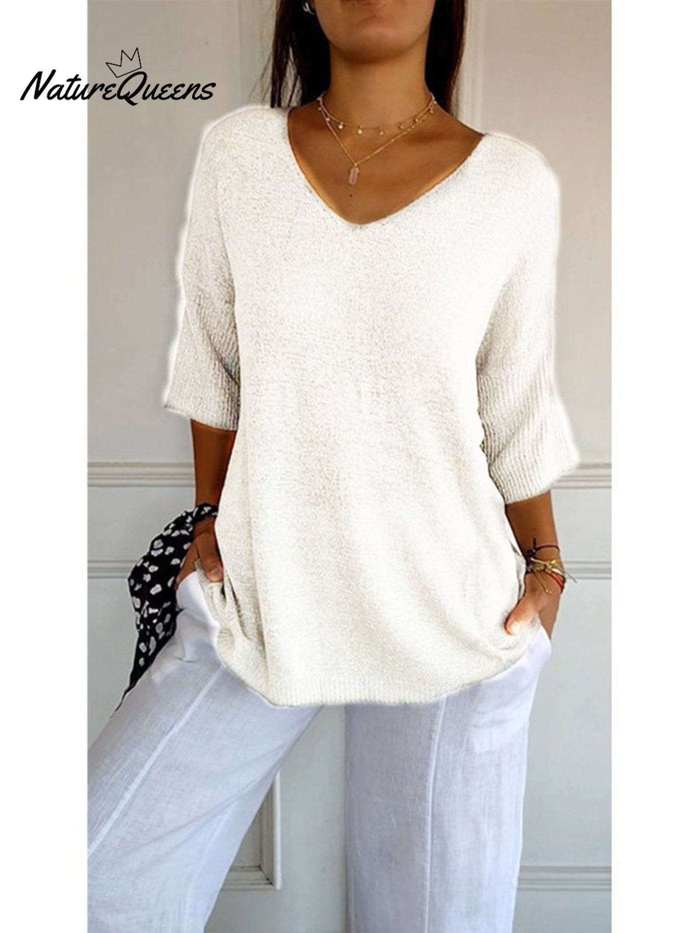 Damen Pullover mit 3/4-Ärmeln in einfarbigem Strick