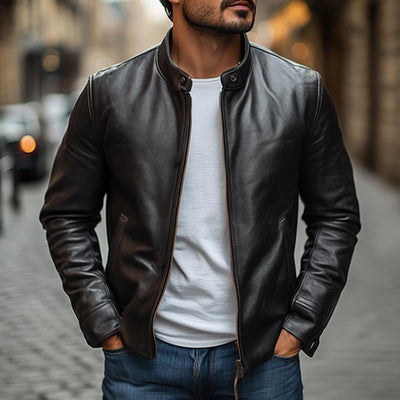 Herren Elegante Stehkragen Slim Reißverschluss Lederjacke