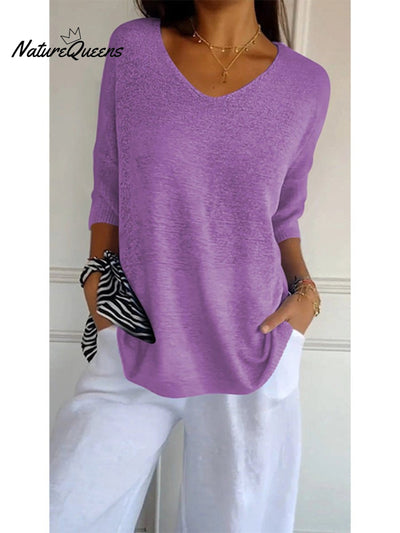 Damen Pullover mit 3/4-Ärmeln in einfarbigem Strick