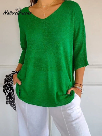 Damen Pullover mit 3/4-Ärmeln in einfarbigem Strick