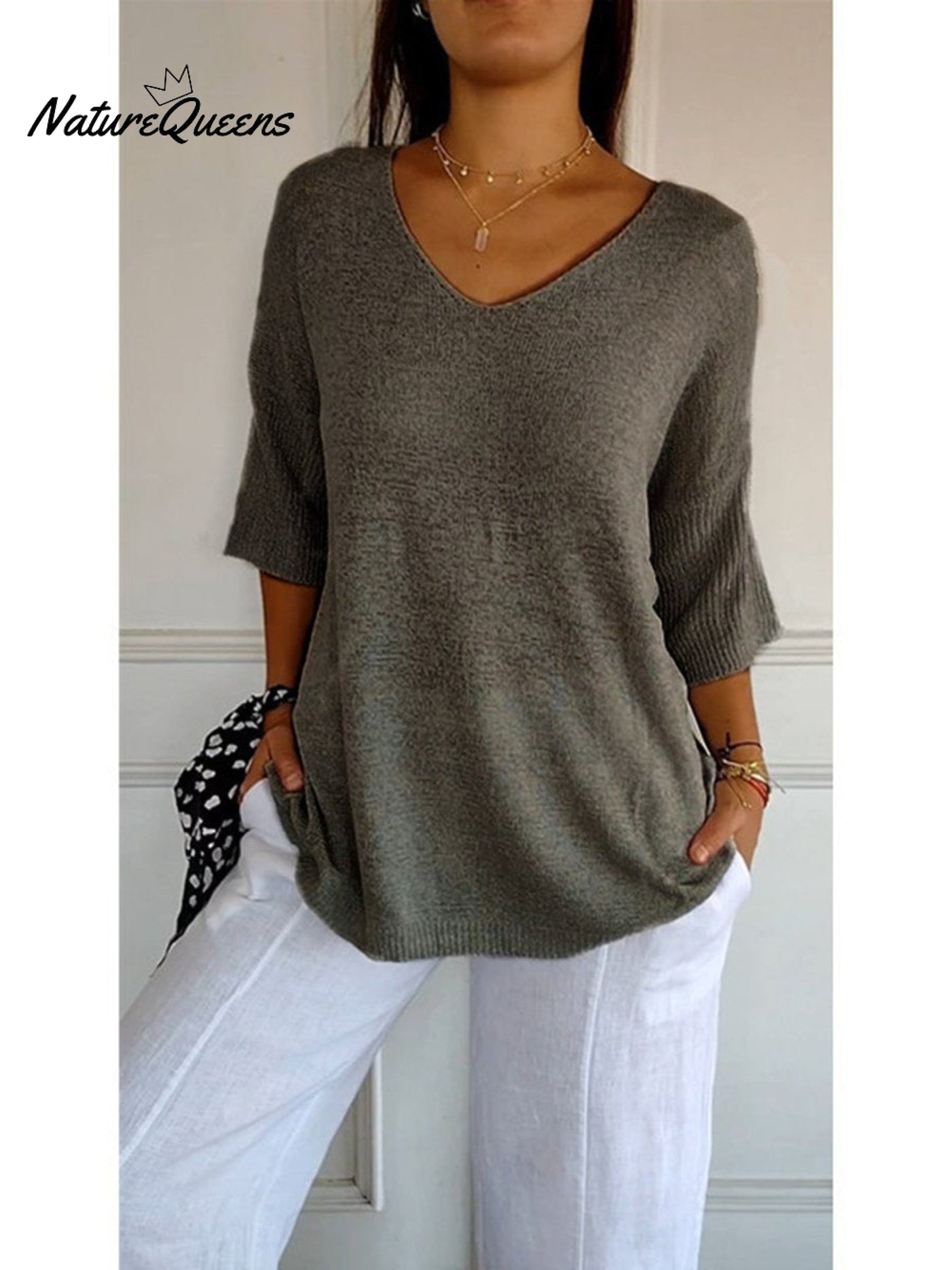 Damen Pullover mit 3/4-Ärmeln in einfarbigem Strick