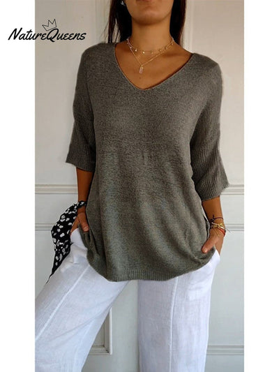 Damen Pullover mit 3/4-Ärmeln in einfarbigem Strick