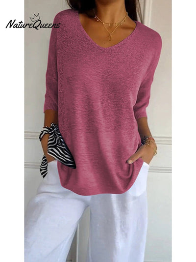 Damen Pullover mit 3/4-Ärmeln in einfarbigem Strick
