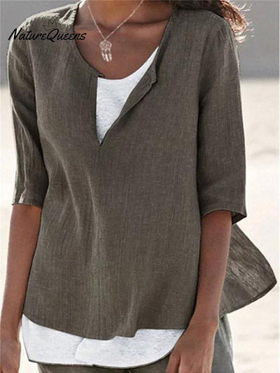 Damen Einfarbig Locker Elegant Lässig Baumwolle und Leinen Mittellanges Hemd