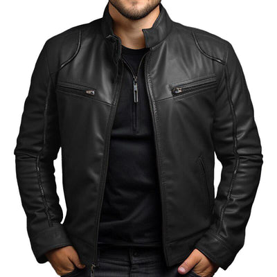 Herren Vintage Stehkragen Reißverschluss Slim Lederjacke