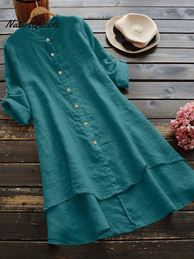 Damen Einfarbig Locker Elegant Lässig Baumwoll- und Leinenhemdkleid