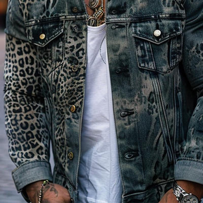 Herren Leopard Ombre Print Denim Truckerjacke