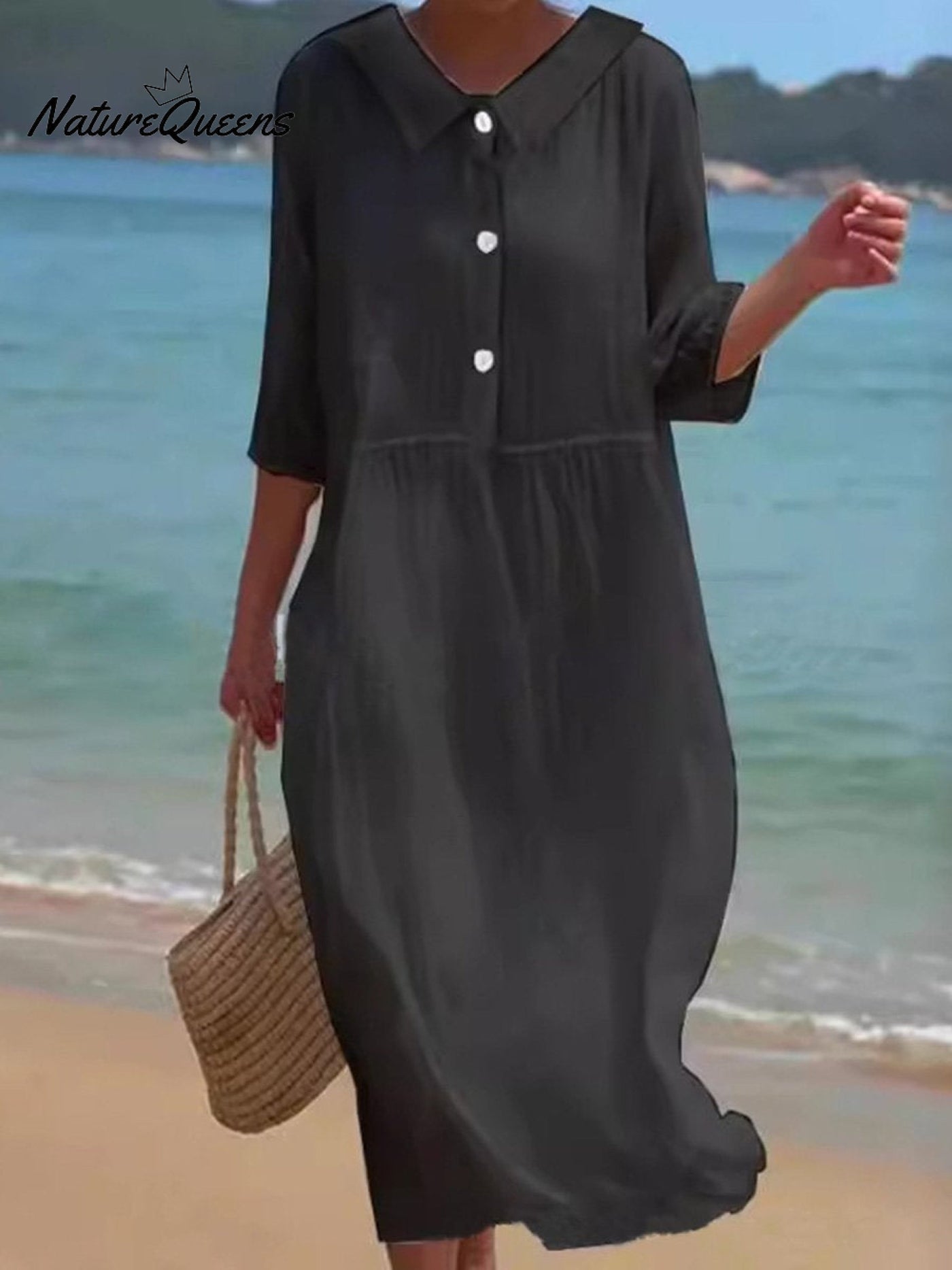 Damen Kleid mit Stehkragen aus Baumwolle und Leinen in einfarbig