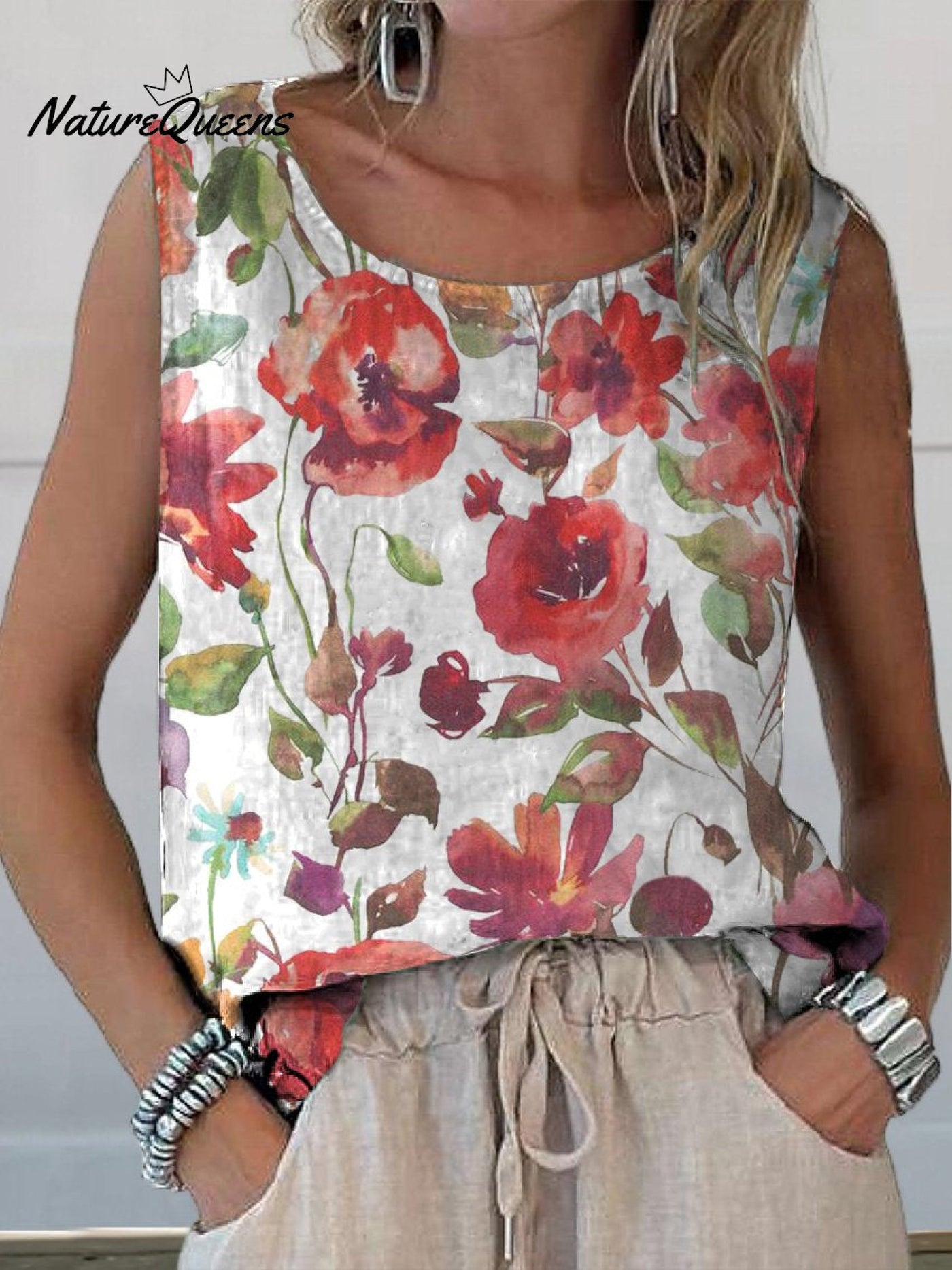 Aquarell Mohnblume Floral Kunst Gedrucktes Damen Freizeit Baumwolle und Leinen Tanktop