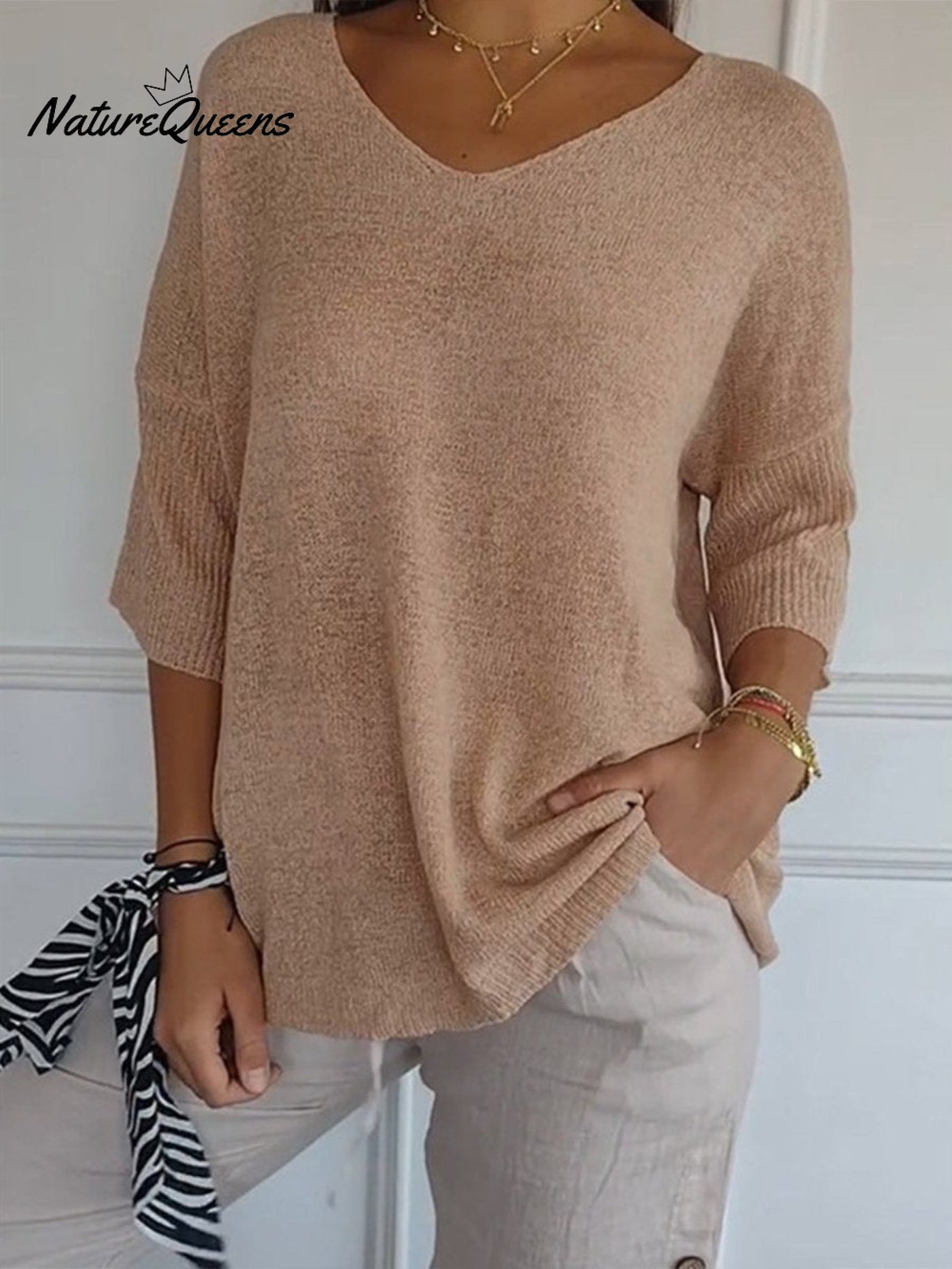 Damen Pullover mit 3/4-Ärmeln in einfarbigem Strick