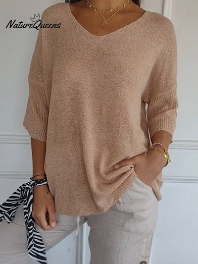 Damen Pullover mit 3/4-Ärmeln in einfarbigem Strick