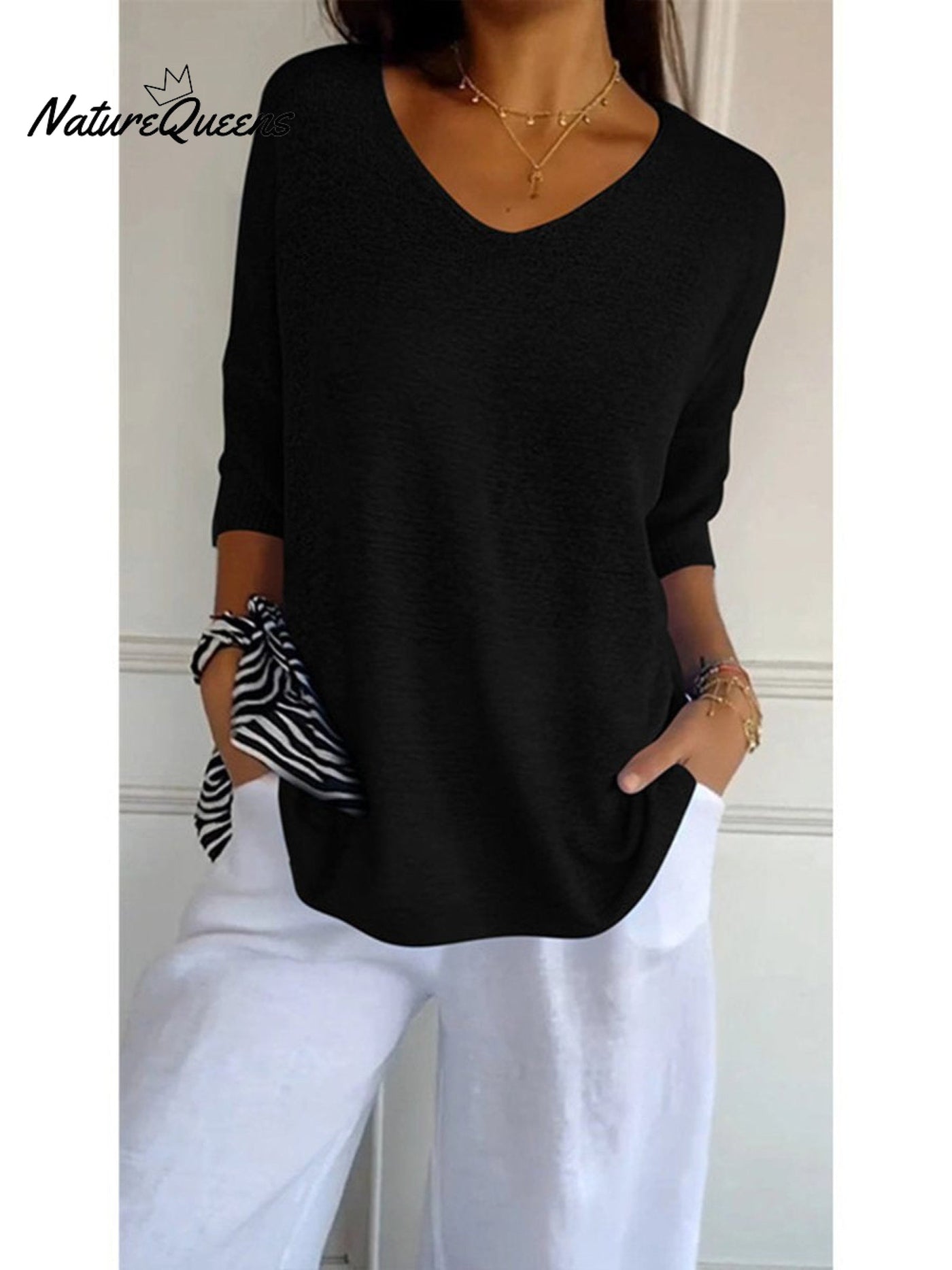 Damen Pullover mit 3/4-Ärmeln in einfarbigem Strick