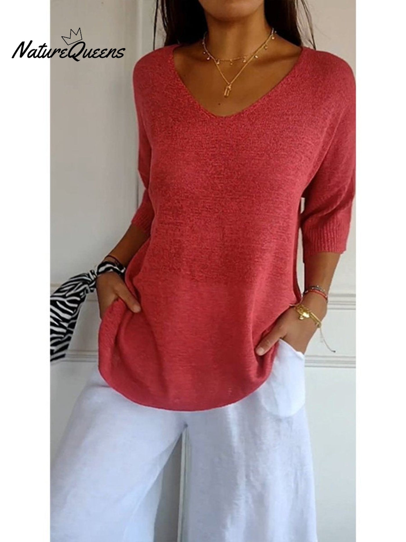 Damen Pullover mit 3/4-Ärmeln in einfarbigem Strick