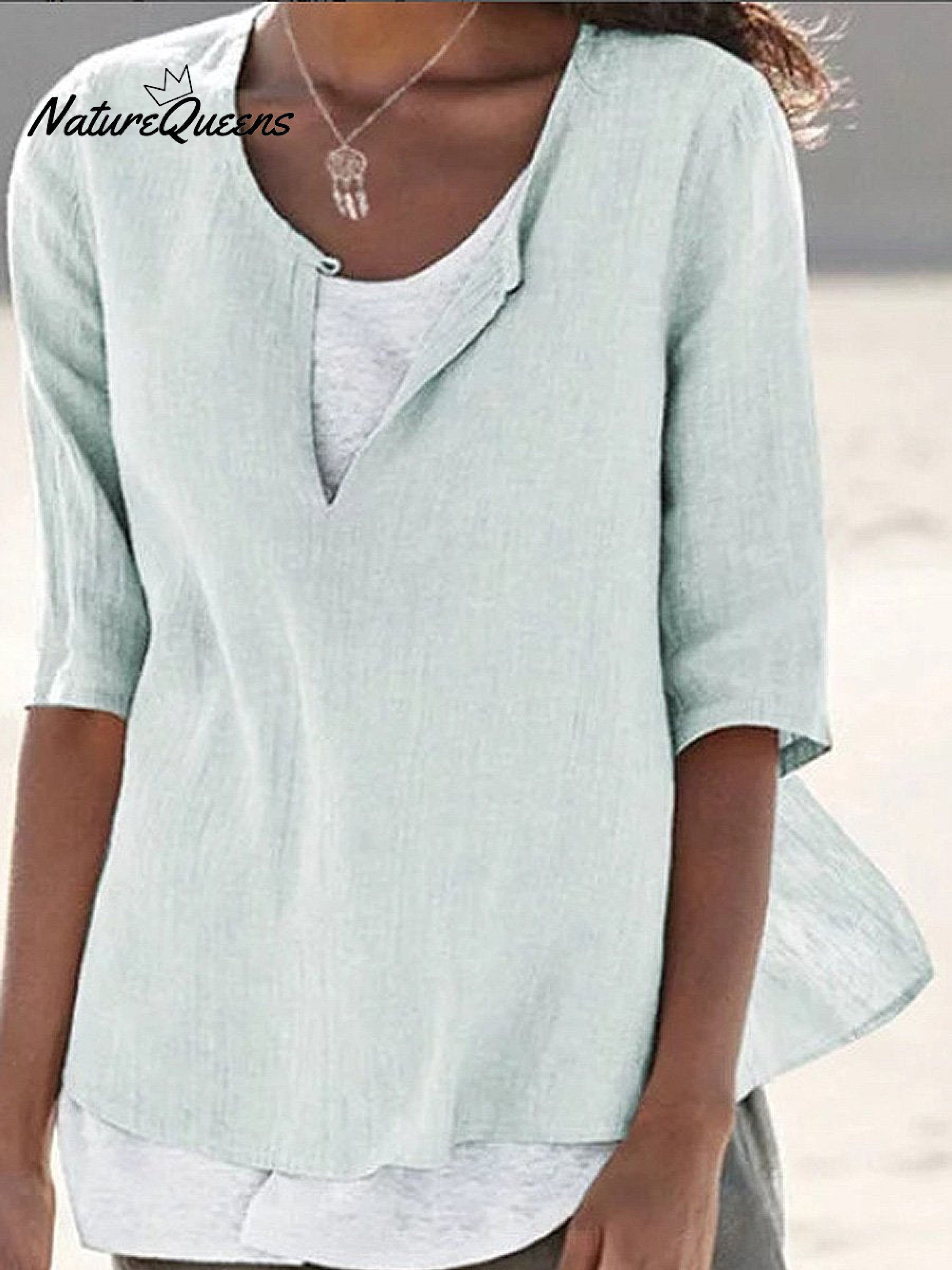 Damen Einfarbig Locker Elegant Lässig Baumwolle und Leinen Mittellanges Hemd
