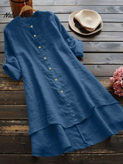 Damen Einfarbig Locker Elegant Lässig Baumwoll- und Leinenhemdkleid
