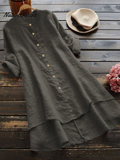 Damen Einfarbig Locker Elegant Lässig Baumwoll- und Leinenhemdkleid