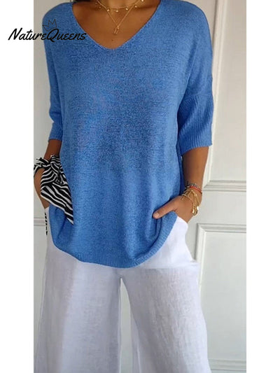 Damen Pullover mit 3/4-Ärmeln in einfarbigem Strick
