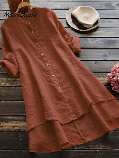 Damen Einfarbig Locker Elegant Lässig Baumwoll- und Leinenhemdkleid
