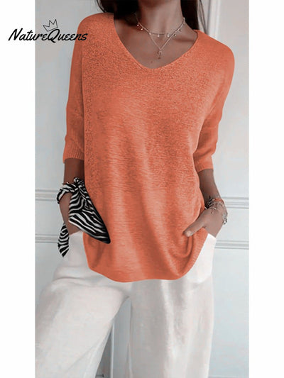 Damen Pullover mit 3/4-Ärmeln in einfarbigem Strick