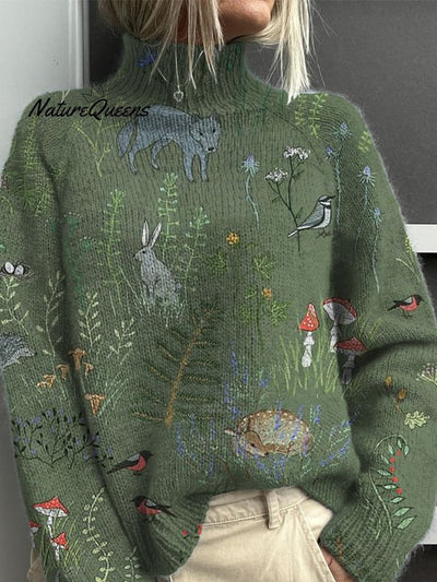 Druckpullover mit Wald- und Tiermuster