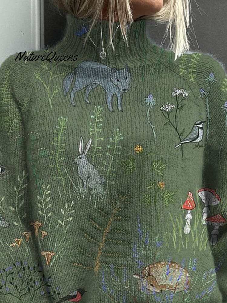 Druckpullover mit Wald- und Tiermuster