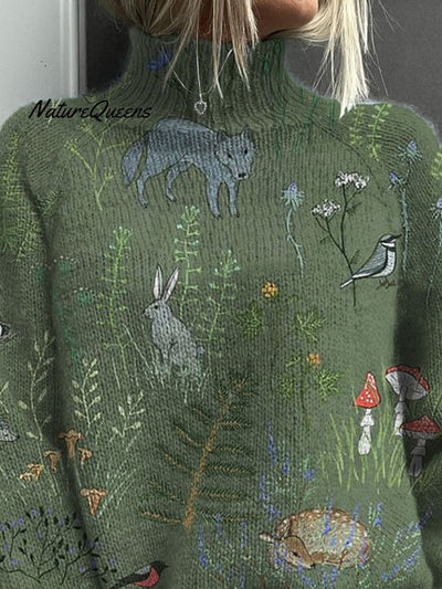 Druckpullover mit Wald- und Tiermuster