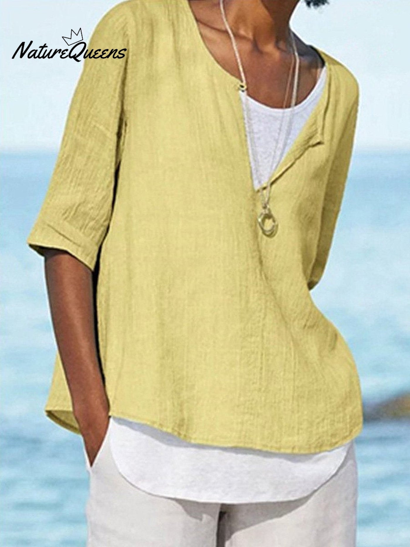 Damen Einfarbig Locker Elegant Lässig Baumwolle und Leinen Mittellanges Hemd