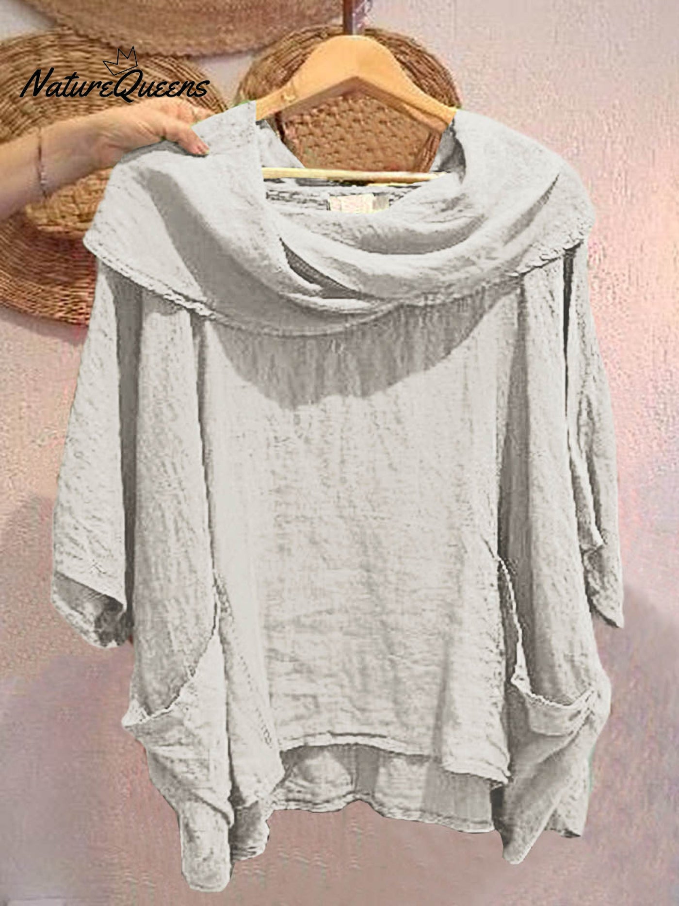 Damen Oberteil mit Drapé-Ausschnitt und 3/4-Ärmeln, bequem und lässig, aus Leinen mit Taschen