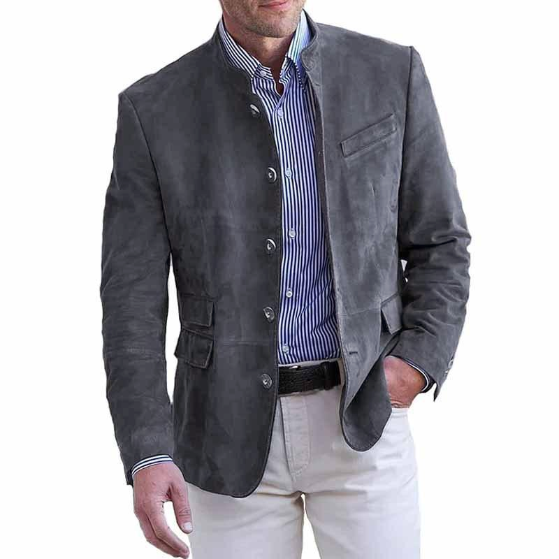 Herren Retro Stehkragen Einreiher Slim Fit Mehrfach-Taschen Blazer