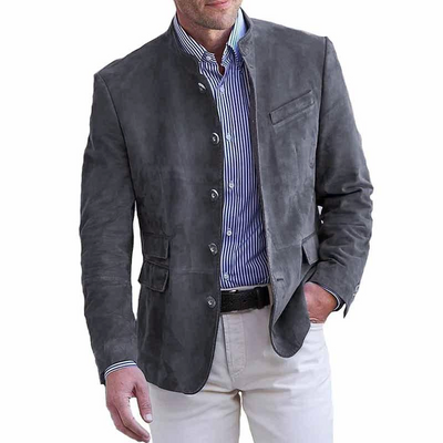Herren Retro Stehkragen Einreiher Slim Fit Mehrfach-Taschen Blazer
