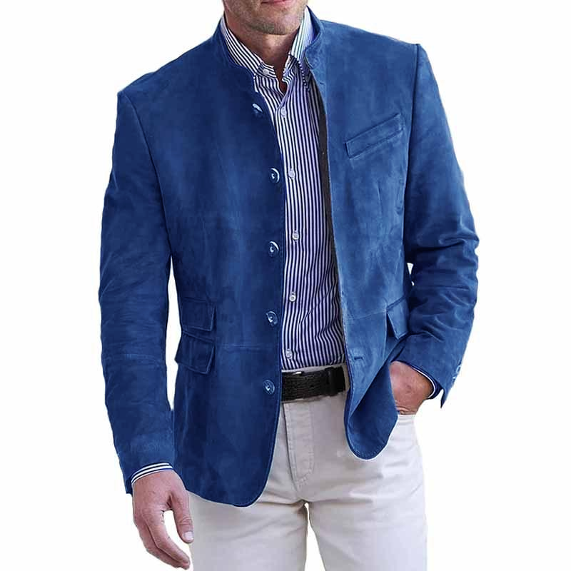 Herren Retro Stehkragen Einreiher Slim Fit Mehrfach-Taschen Blazer