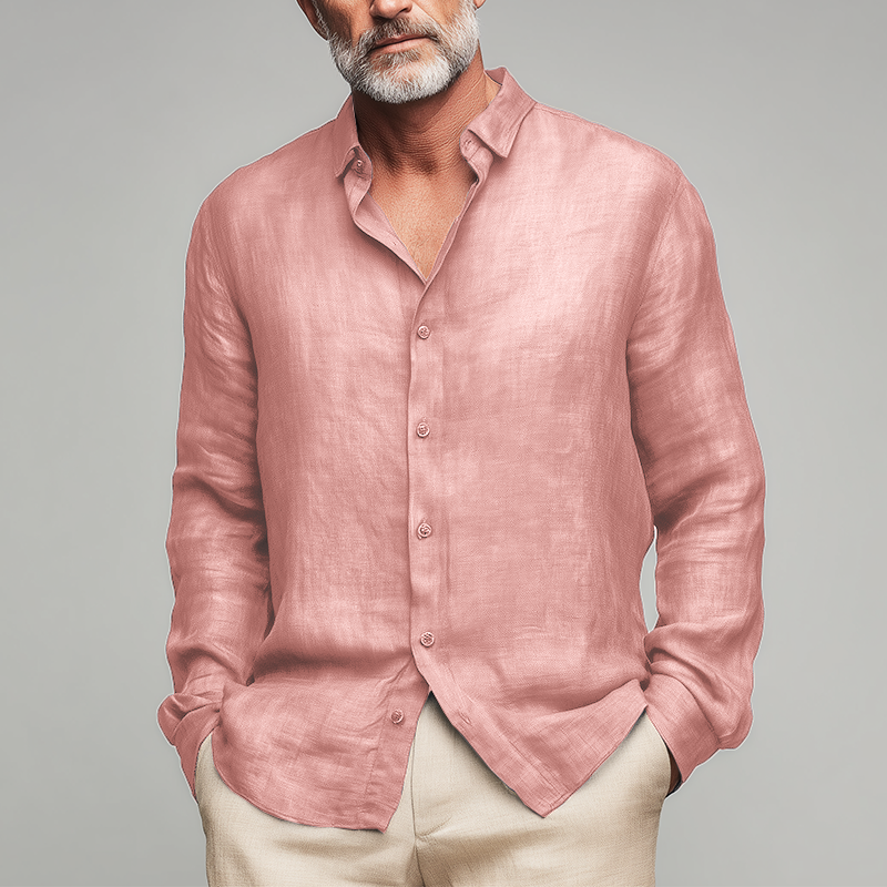 Herren Sommermode Slub-Leinen Langarmhemd