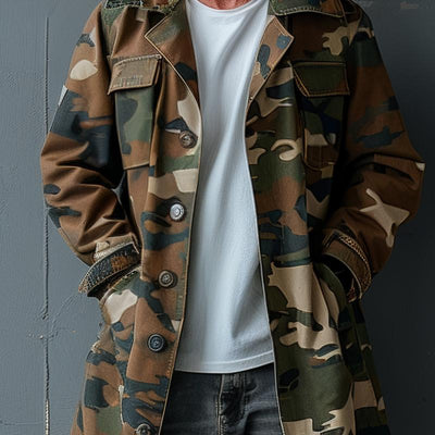 Herren Camouflage Revers Brusttasche Einreiher Mid-Length Cargo Trenchcoat