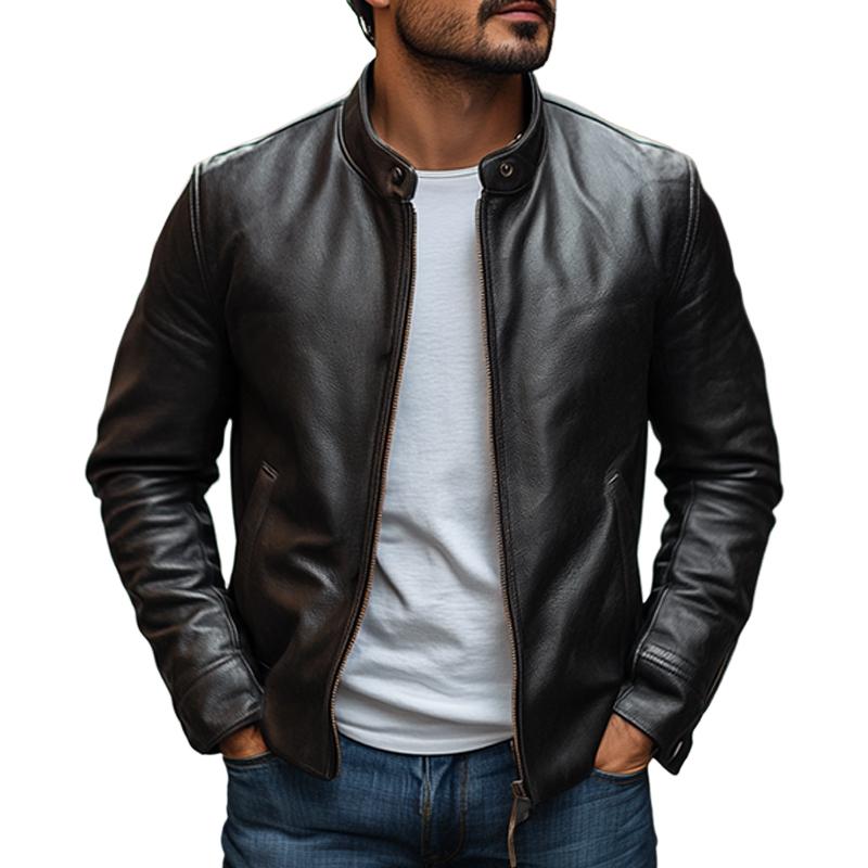 Herren Elegante Stehkragen Slim Reißverschluss Lederjacke
