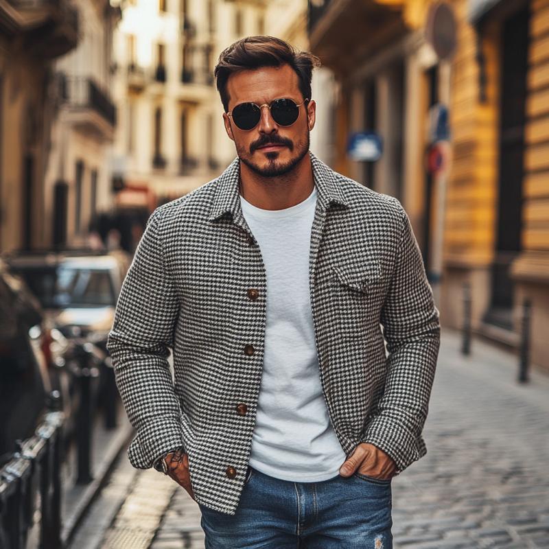 Herren Vintage Hahnentritt Revers Einreiher Hemdjacke