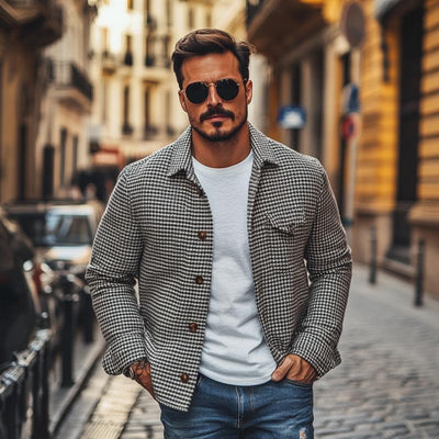 Herren Vintage Hahnentritt Revers Einreiher Hemdjacke