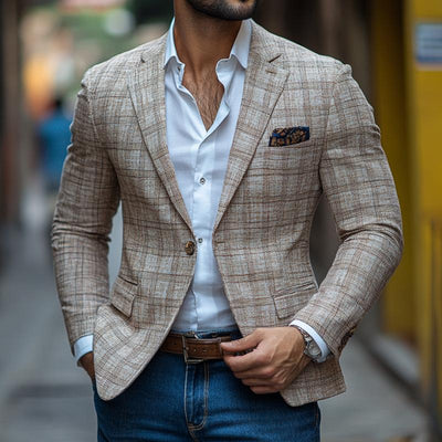 Herrenmode Retro Karierter Revers Ein-Knopf Freizeitblazer