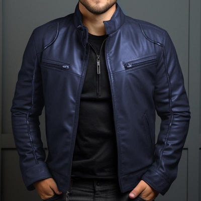 Herren Vintage Stehkragen Reißverschluss Slim Lederjacke