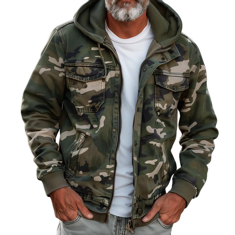 Herren Camouflage Kapuzen Multi-Taschen Zip Cargo Jacke