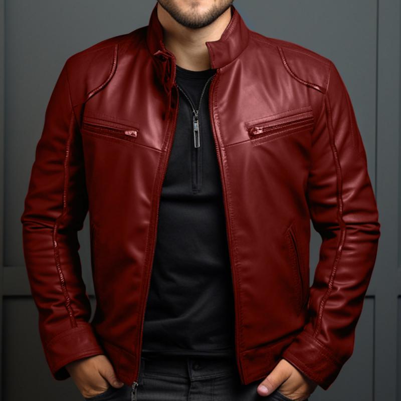 Herren Vintage Stehkragen Reißverschluss Slim Lederjacke
