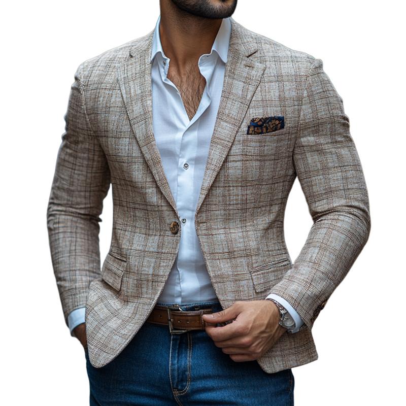 Herrenmode Retro Karierter Revers Ein-Knopf Freizeitblazer