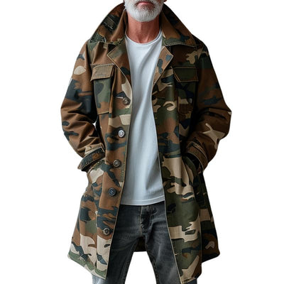 Herren Camouflage Revers Brusttasche Einreiher Mid-Length Cargo Trenchcoat