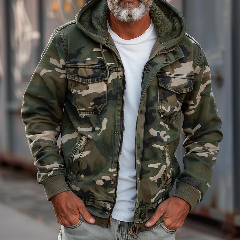 Herren Camouflage Kapuzen Multi-Taschen Zip Cargo Jacke