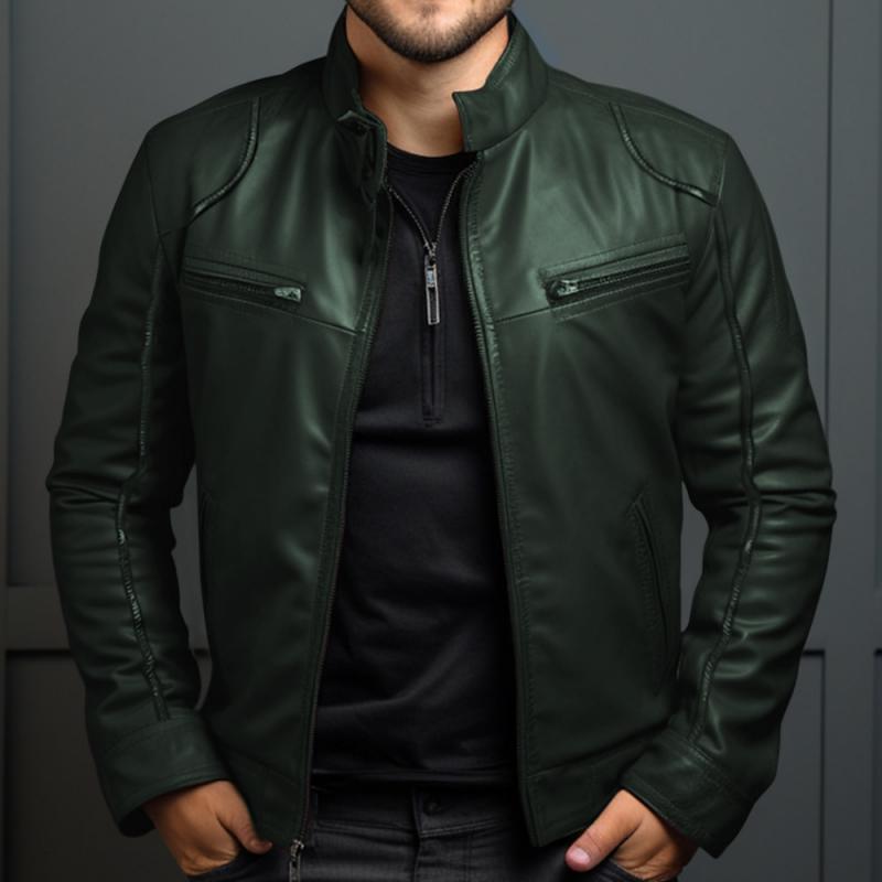 Herren Vintage Stehkragen Reißverschluss Slim Lederjacke