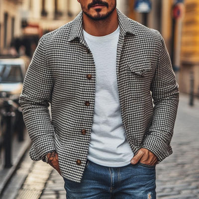 Herren Vintage Hahnentritt Revers Einreiher Hemdjacke