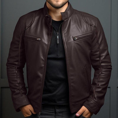 Herren Vintage Stehkragen Reißverschluss Slim Lederjacke