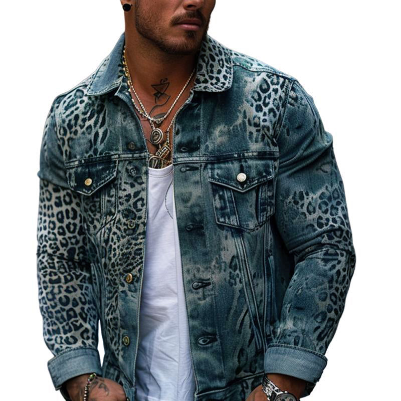 Herren Leopard Ombre Print Denim Truckerjacke